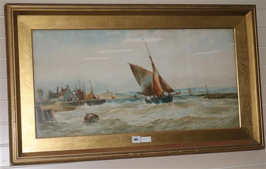 Robert Malcolm Lloyd (1859-1907), watercolour, Fishing boats on a rough sea off a harbour, 48 x 100cm